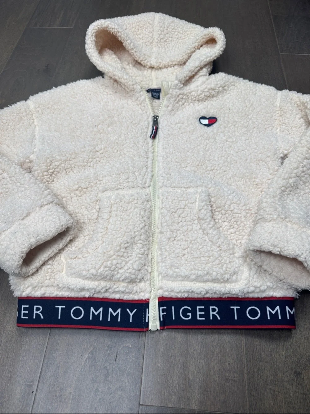 Tommy Hilfiger Girls Sherpa Fleece Hoodie Cream Full Zip Jacket Size M